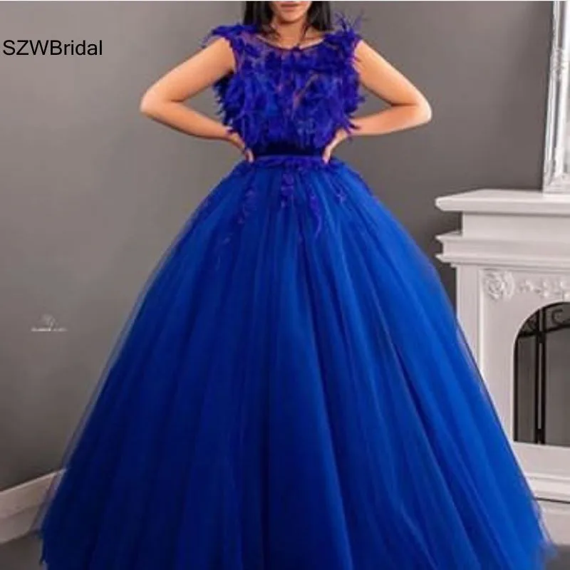 Vestido de fiesta de tul hecho a medida, vestidos de noche 2025, apliques de encaje de plumas, vestido azul real para mujer, vestidos de noche para mujer