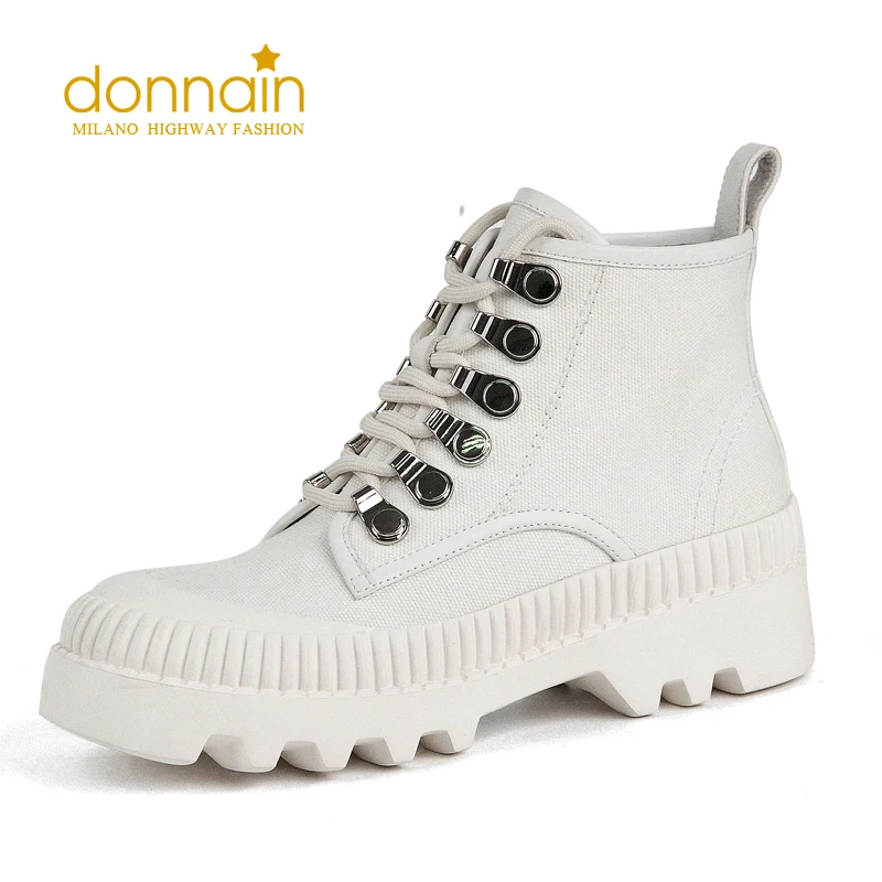 DONNAIN Women's High Top Platform Shoes Lace Up Ankle White Canvas Boots Non-slip Handsome Women's Winter High Boots