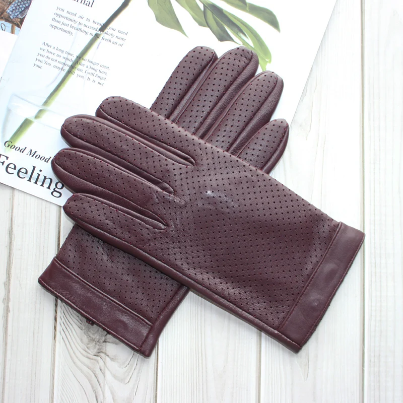 High-end new products fashion men\'s sheepskin gloves touch screen mesh breathable thin silk riding leather gloves autumn