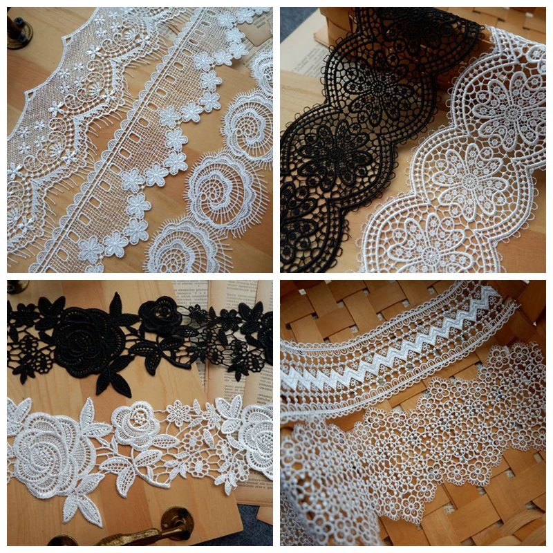 9 Styles, 5 yards=1lot, IVORY, Black water-soluble hollow out lace trim border 2020, dress salon lace material factory price