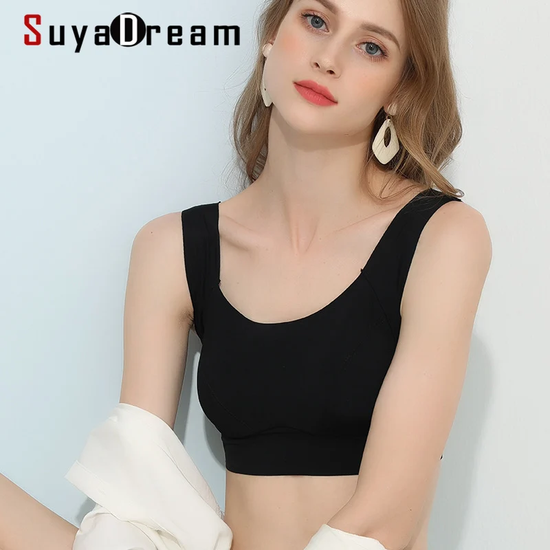 SuyaDream Women Wire Free Tanks Bras 100%Natural Silk Lining Everyday wear Full Cups Tank Bra Black Pink Nude Yo ga Underwear