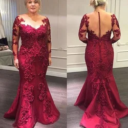Customized Elegant Full Length Burgundy Lace Mother of the Bride Dresses Long Sleeves Illusion Neck Wedding Party Gowns Mermaid