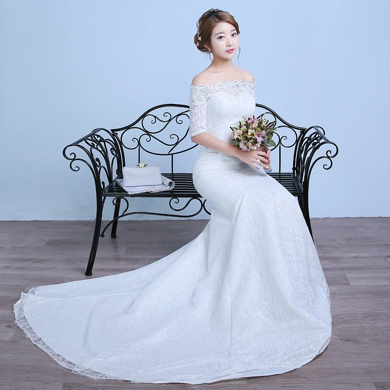 AnXin SH princess white flower mermaid vintage boat neck half sleeve trumpet court train bride customized wedding dress