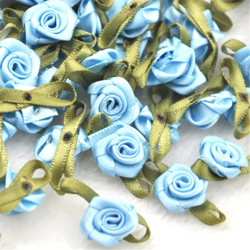 50PCS/Lot Mini Handmade Rose Flower Satin Ribbon  Fabric Appliques For Wedding Decoration Craft Sewing Accessories B039