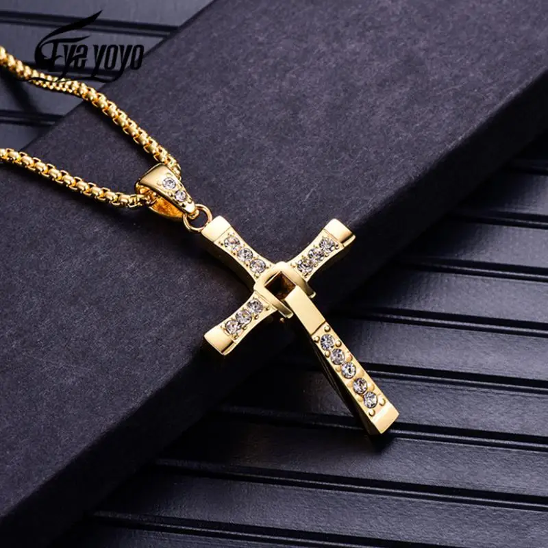 Fast and Furious Cross Necklace Dominic Toretto Cross Rhinestone Pendant Necklace Stainless Steel Necklace for Men Women