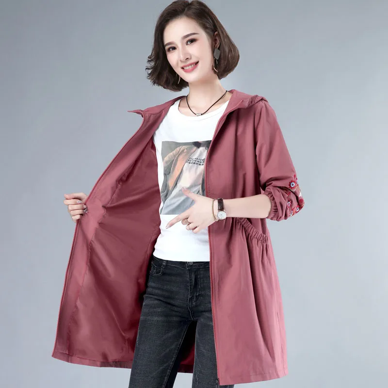 

2022 New Spring Autumn Trench Coat Women Loose embroidered Hooded Windbreaker Female Outerwear Lady Overcoat Top R933