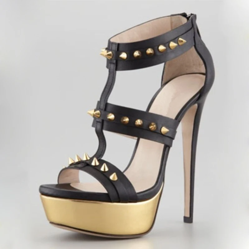 Fashion Woman Golden Rivets Studded Super Heels Sandals Gladiator Peep Toe High Gold Platform Sandals Spiked Straps Party Shoes