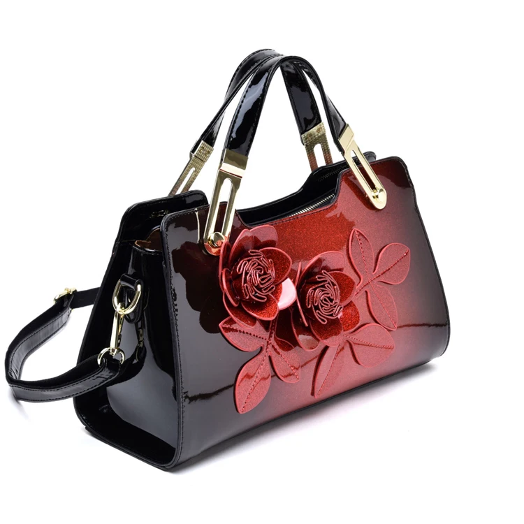 New fashion trend top handle bag patent leather women\'s messenger bag flowers decoration leather shoulder handbag famous brand