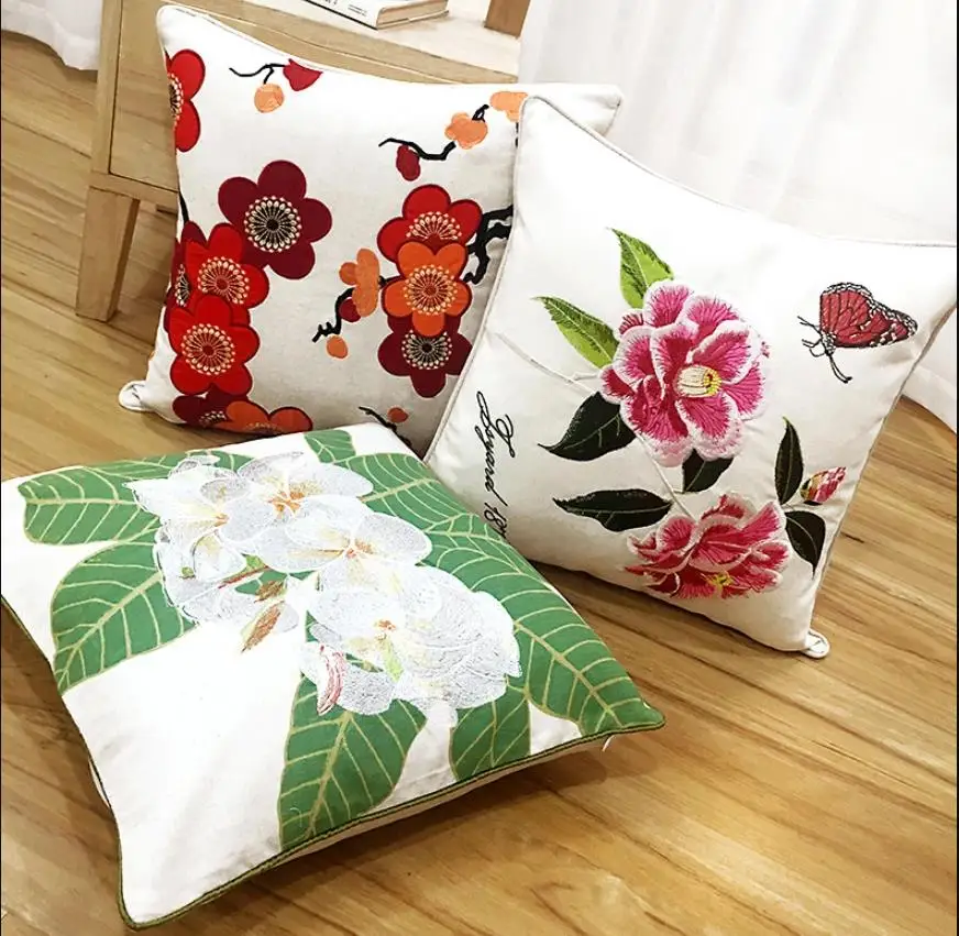 Home Decor Emboridered Cushion Cover Country flowers Canvas Embroidery Pillow Cover 45x45cm