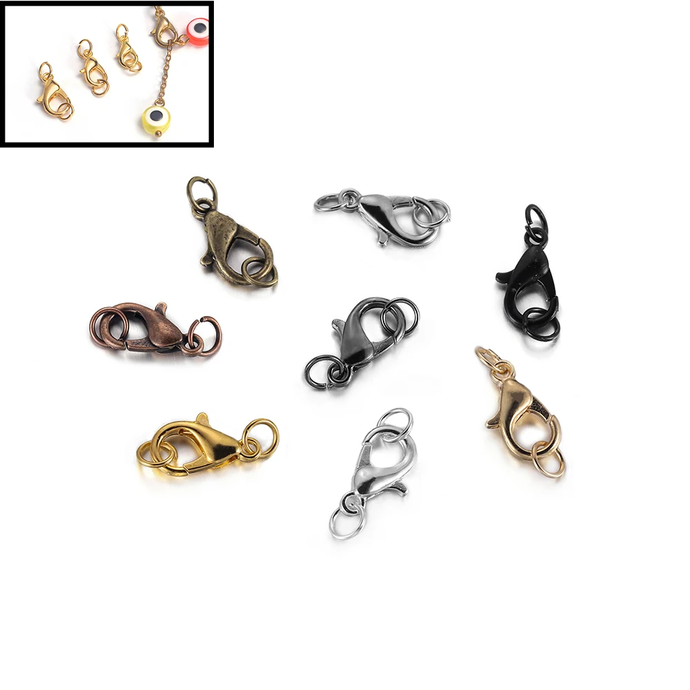

Серебристые металлические застежки-карабины с переходными кольцами, золотистые концевые застежки, соединители для ожерелья, ювелирные изделия, 50 шт., 10, 12, 14 мм