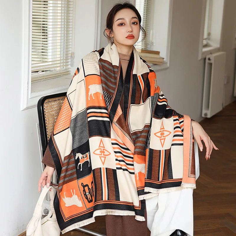 

180*65cm New Women Cashmere Thick Warm Scarf Hijab Horse Print Winter Thick Blanket Female Bufanda Headkerchief Echarpe