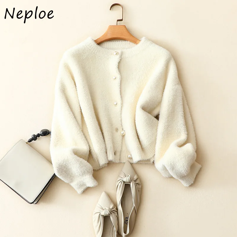 Neploe Fashion Chic Pearl Button Jacket Women 2024 Autumn New Ladies Sweater Round Neck Long Sleeve Single Breasted Cardigan