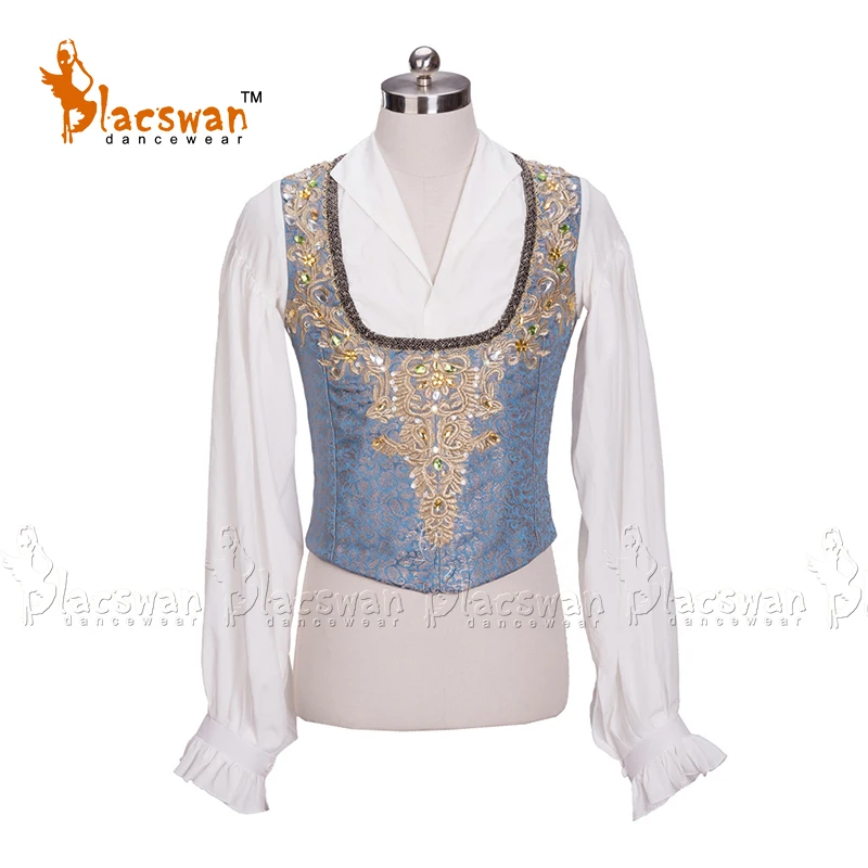 

Chiffon Sleeves Blue and Gold Ballet Tunic Professional Mens Ballat Stage Costume Performance Jacket Top BT793