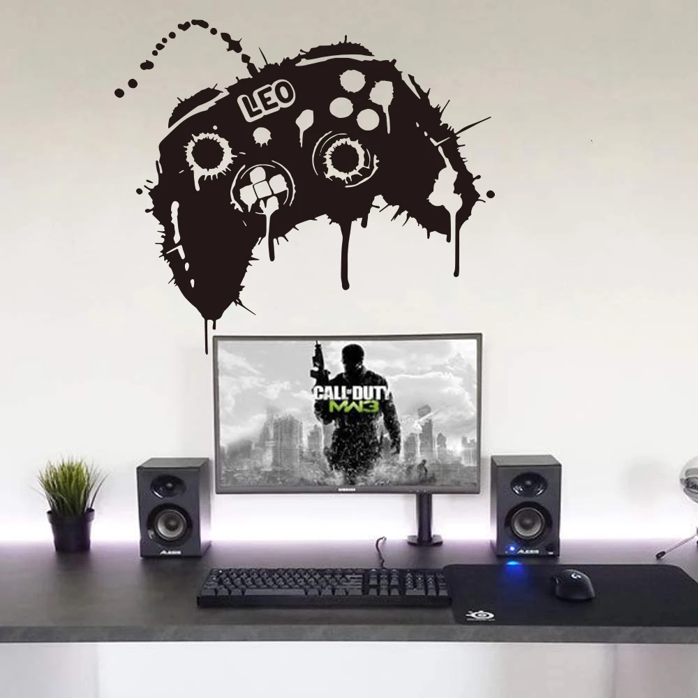 Custom Name Graffiti Gamer Controller Joystick Wall Decal Playroom Personalied Xbox Ps Gaming Zone Wall Sticker Bedroom Vinyl De