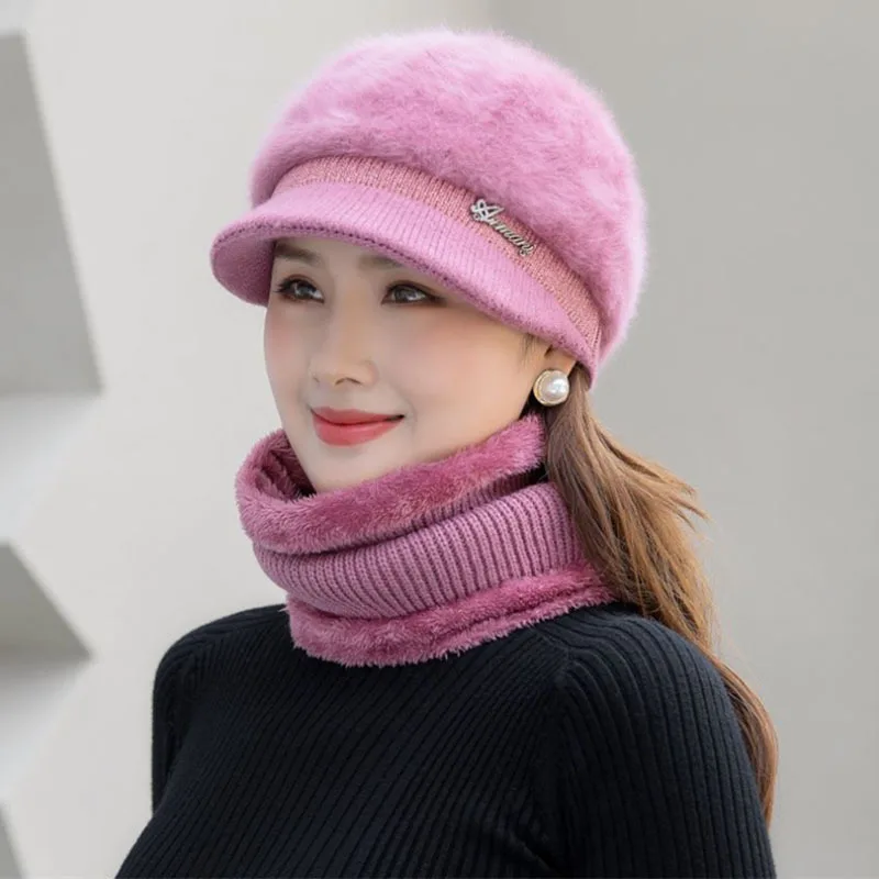 Autumn Winter Hats For Women Rabbit Fur Knitted Hats, Bibs, Gloves, 3-Piece Set, Outdoor Outing, Cycling, Ski Hat