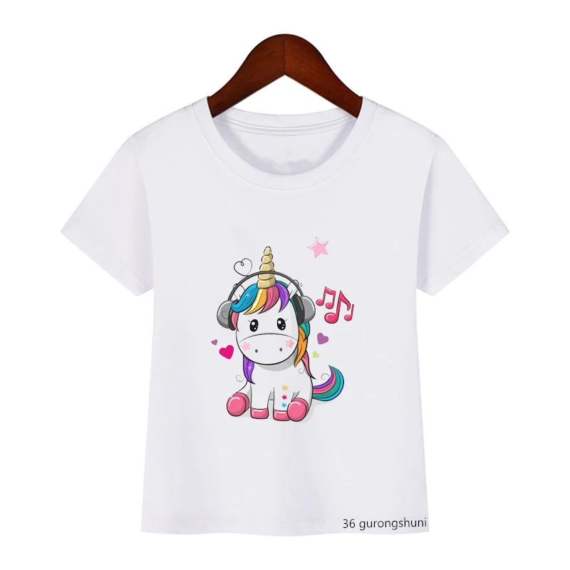 Camiseta con estampado de dibujos animados de unicornio para niñas, ropa de verano para niños pequeños, camiseta informal para niños, camisetas de hip-hop