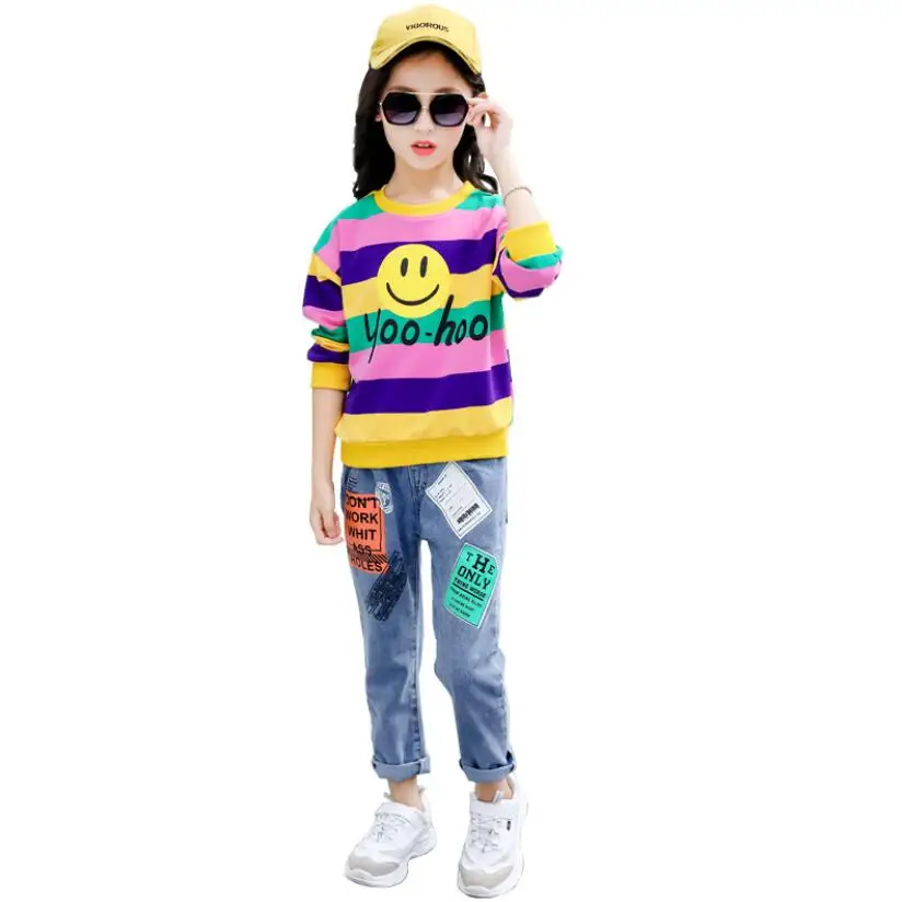 Girls t-shirt kids summer cotton t shirt+pant 2pcs baby girl jeans teenage jeans cartoon children fashionable clothing sets