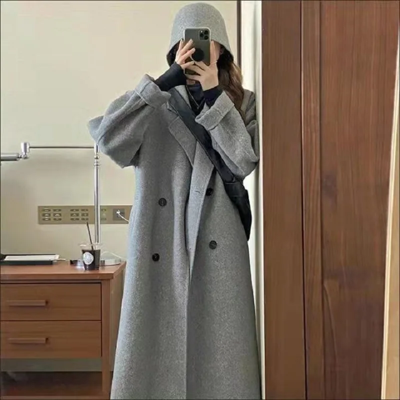 Woman's Overcoat Long Outwear Cardigan Button Pocket Turn-down Collar Simple Solid Long Sleeve Chic BusinessFormal