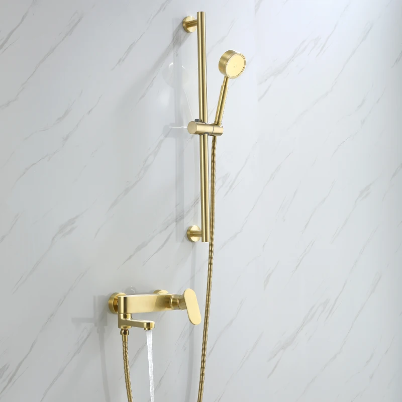 

Luxury Brushed gold Brass bathroom shower faucet set Wall mounted cold hot water faucet with slide bar handheld shower head hose