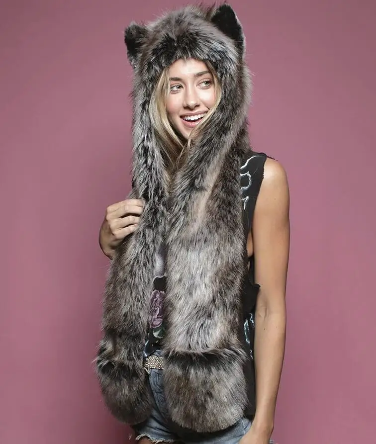 Faux Fur หมวกหูกระเป๋า Hood หมวกหมาป่า Plush สัตว์ที่อบอุ่นหมวกผ้าพันคอ