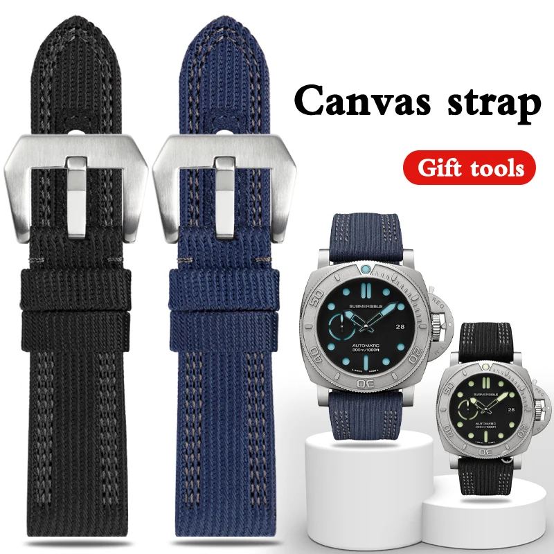 24mm 26mm High Quality Nylon Canvas +cowhide Strap Watchband For Panerai pam985 984 441 Submersiblea Luminor Watch Accessories