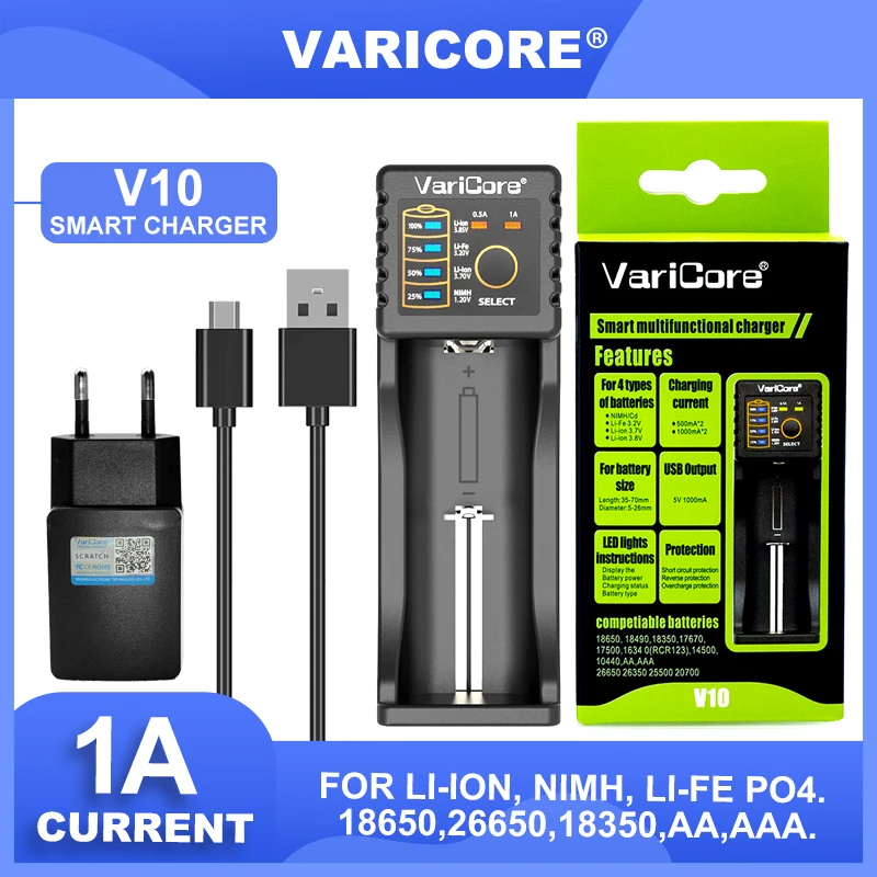 VariCore V10 3.7V 18650 26650 18350 16340,14500,10440 26500 Lithium 3.2V 1.2V NiMH AA AAA SC/S  E-cigaret Battery Charger