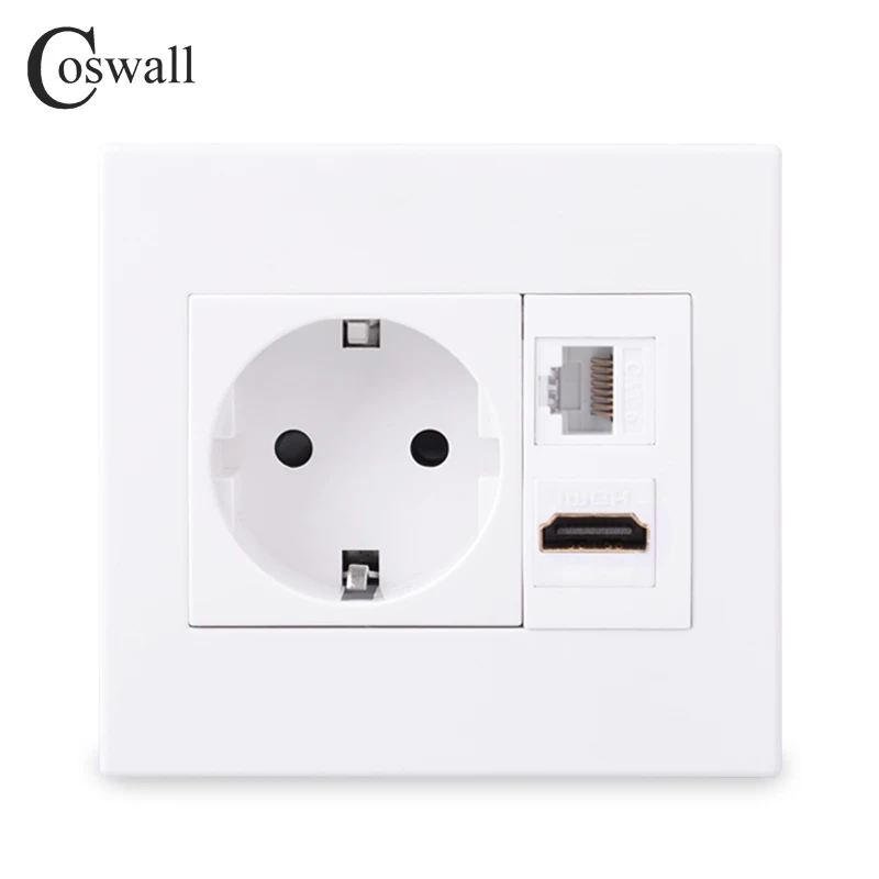 Coswall PC Panel EU Wall Power Socket + Female to Female HDMI-compatible 2.0 + CAT6 RJ45 Internet Data Outlet