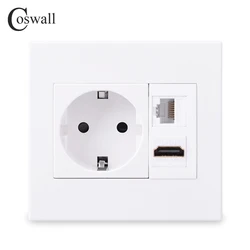 Coswall PC Panel EU Wall Power Socket + Female to Female HDMI-compatible 2.0 + CAT6 RJ45 Internet Data Outlet