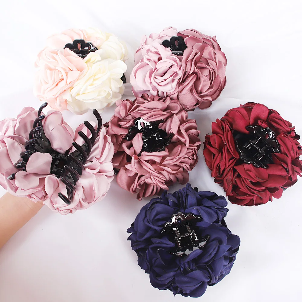 

New Large Plastic Hair Claw Clips Women Girls Fabric Big Camellia Flower Ponytail Holder Hair Clamps Barrettes Hair Accessories