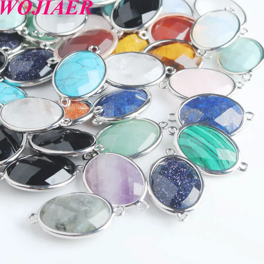 

WOJIAER Silver-color Double Hole Oval Faceted Natural Gemstone Beads for DIY Handcrafted Jewelry BZ902