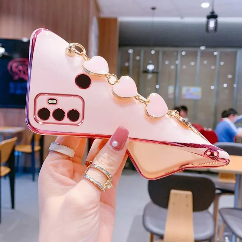 Wrist Bracelet Phone Case for Oppo A53 2020 Case Luxury Love Heart Chain Plating Cover Capa oppo A53S A32 A53 2020 Soft silicone