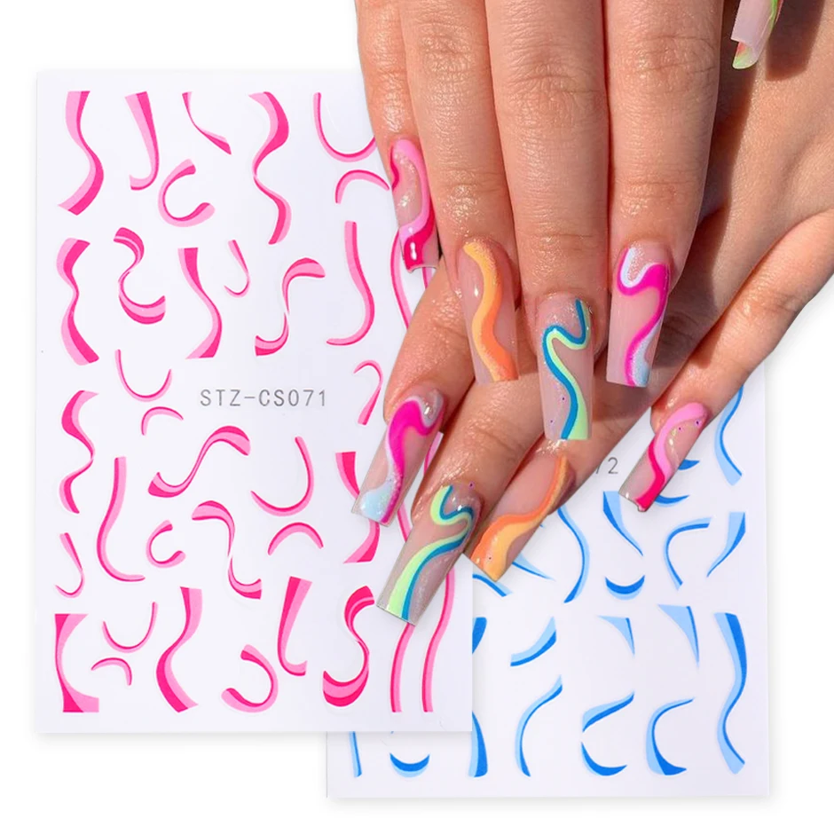 Pink Blue Wave Lines 3D Stickers For Nails Colorful Whirlpool Geometric Adhesive Decals Winter Accessories Design NTSTZCS069-075