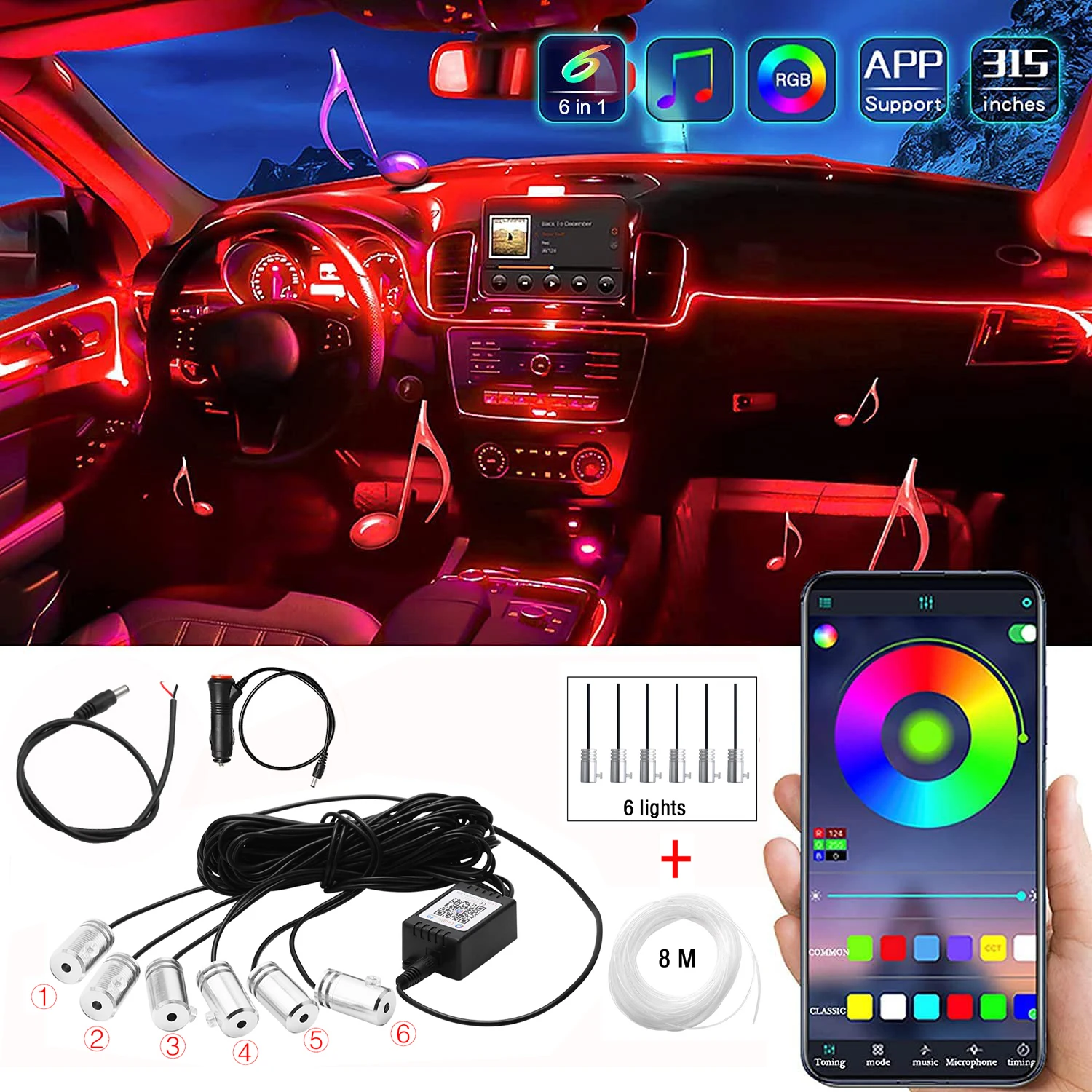 Car Interior Neon RGB Led Strip Lights For Car Ambient Atmosphere Dashboard Decorative Lamp 4/5/6 in 1 Bluetooth App Control 12V