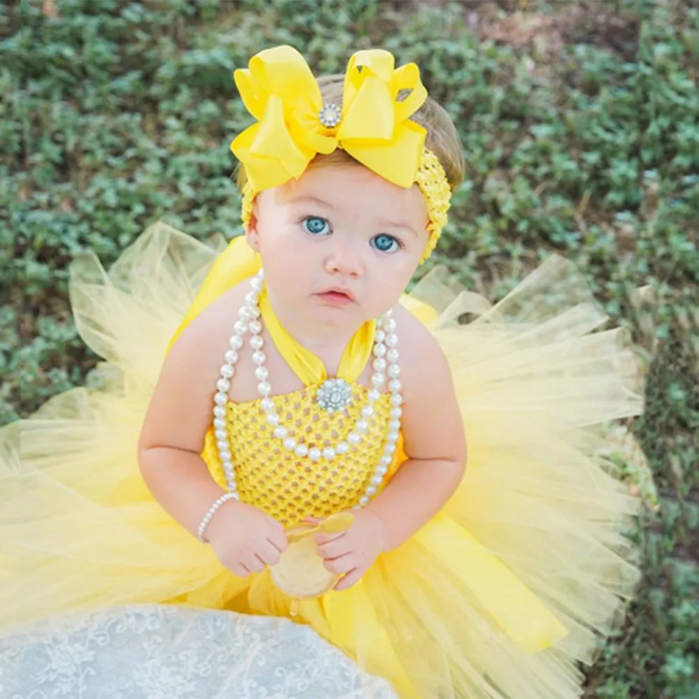 Cute Baby Girls Yellow Tutu Dress Infant Toddler Crochet Tulle Dress with Hairbow Set Children Birthday Party Costume Dresses