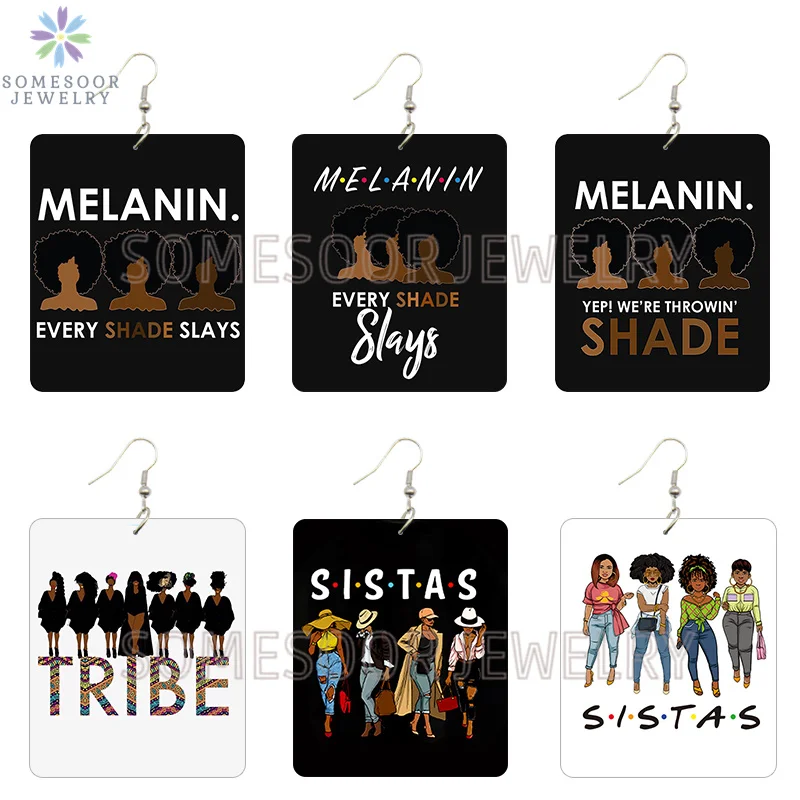 SOMESOOR Tribal Sistas Melanin Women Afro Natural Wooden Drop Earrings Every Shade Slays Printed Rectangle Square Dangle Jewelry