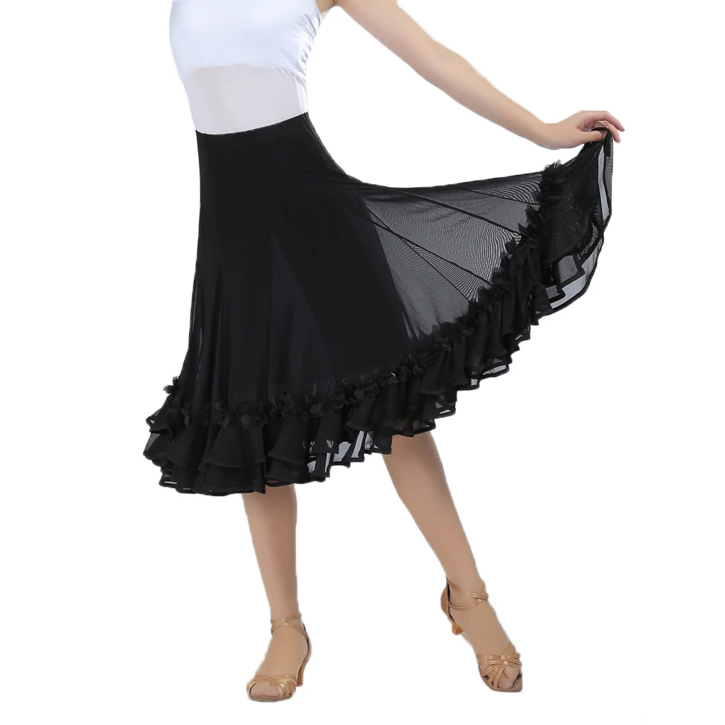 Falda de baile para mujer, vestido estándar de Flamenco de Salón Rojo, fiesta de vals negro, Vestido largo de Swing suave, ropa