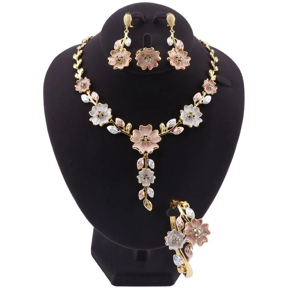 Women African Beads Jewelry Sets Flower Crystal Necklace Earring Ring Bangle Statement Wedding Accessories Jewelries Set