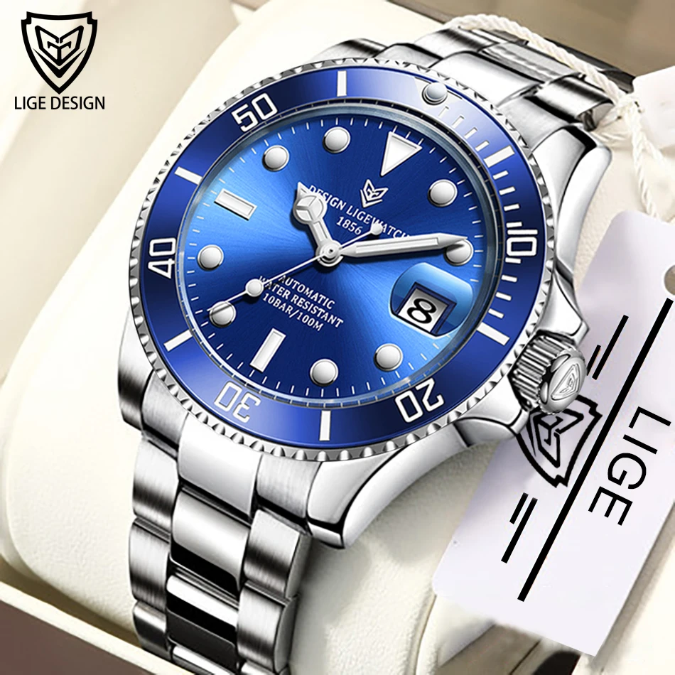 LIGE Classic Men Mechanical Wristwatch Luxury Ceramic Bezel Automatic Watch Sapphire Glass Watch for Men Relogio Masculino Box