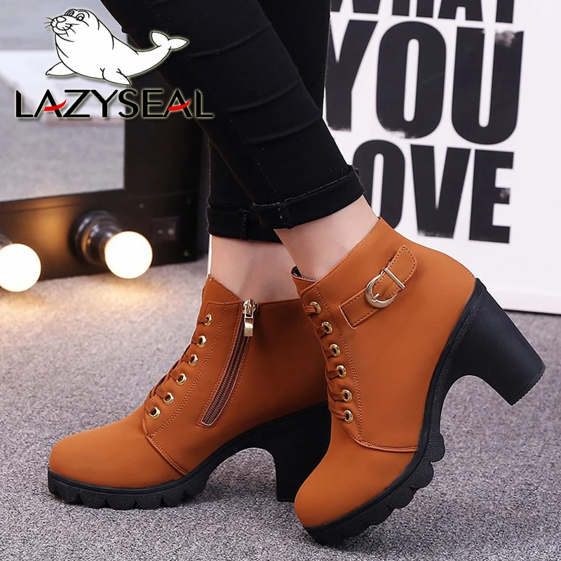 LazySea 2021 Autumn Winte Lace-up Buckle Shoes Women Short Boot Brown Decorate Non-slip Sole Square Heel Booties Big Size 42