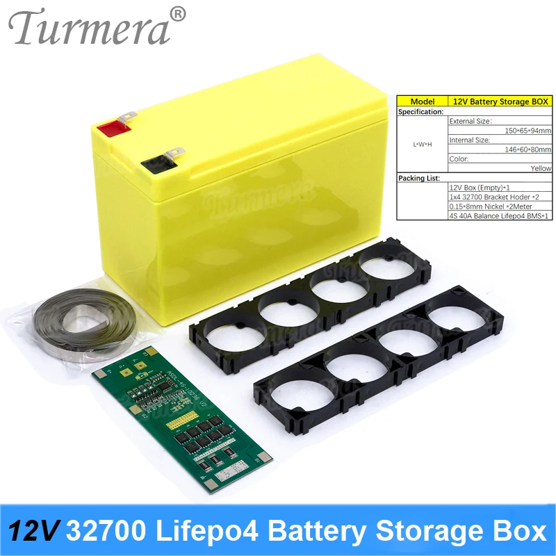 Turmera 32650 32700 Lifepo4 Battery Storage Box 4S 40A BMS with 1x4 Bracket for 12V 7Ah Uninterrupted Power Supply Solar Battery