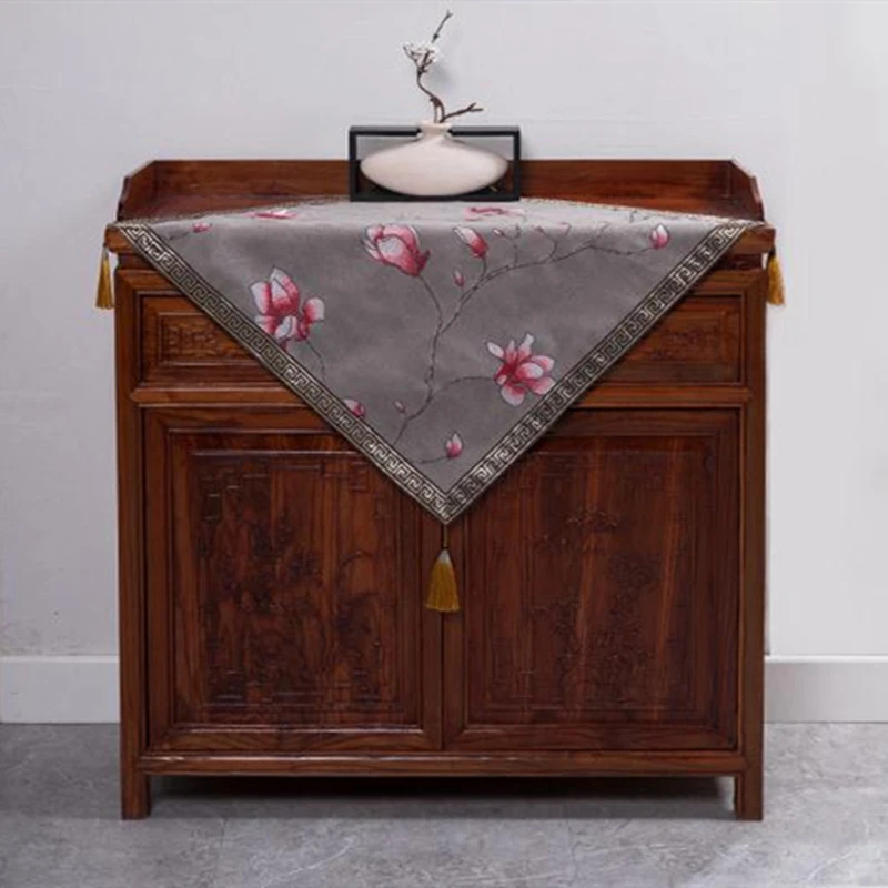 Custom Embroidery Flower Birds Dust Protection Cover Cotton Linen Shoe Cabinet Bedside Table Cover Cloth Teapoy Tablecloth