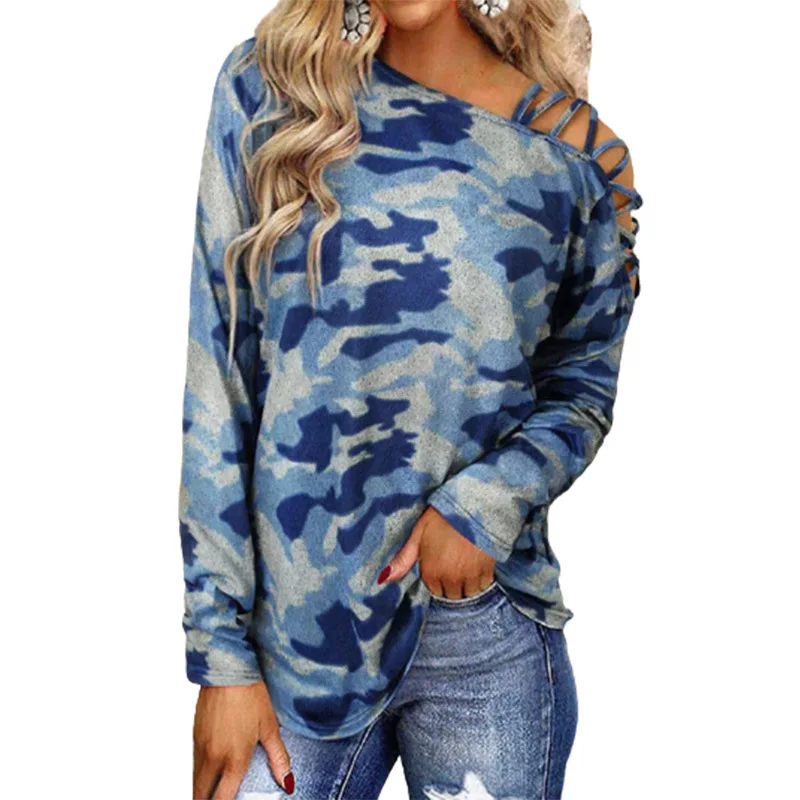 Women Autumn Casual Camouflage Printed Loose T-Shirts Hollow Out Off Shoulder Long Sleeve Tee Tops Ladies Pullover Streetwear