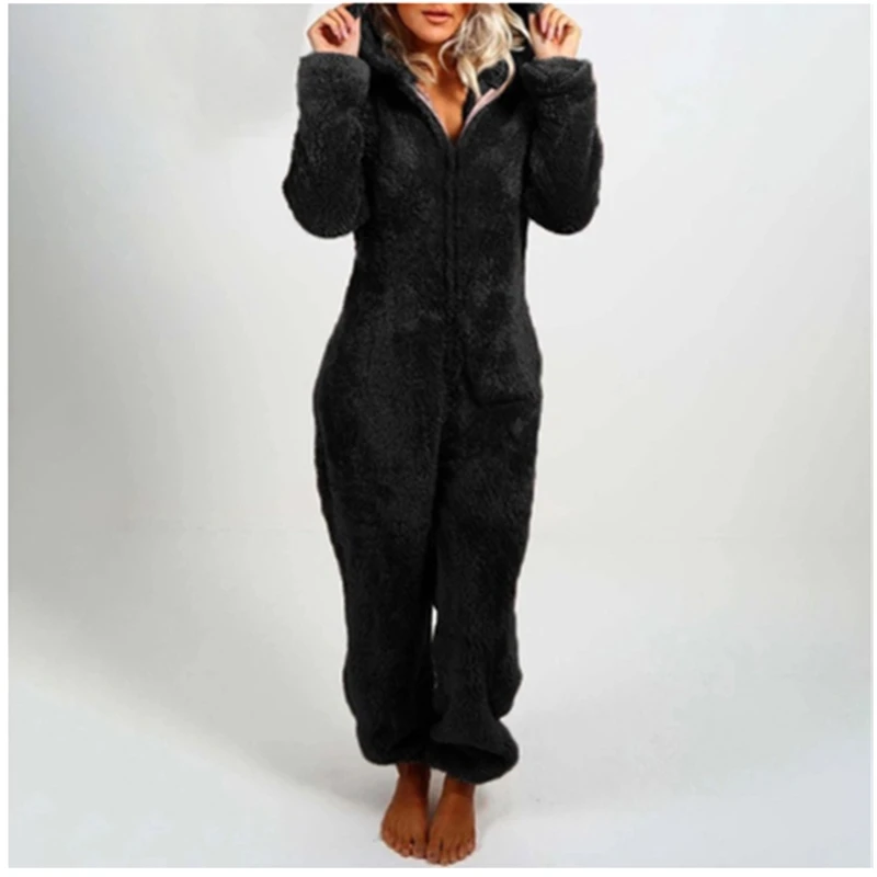 Frauen Warme Fleece Plüsch Mit Kapuze Pyjamas Overall Herbst Winter Einfarbig Langarm Casual Nachtwäsche Homewear