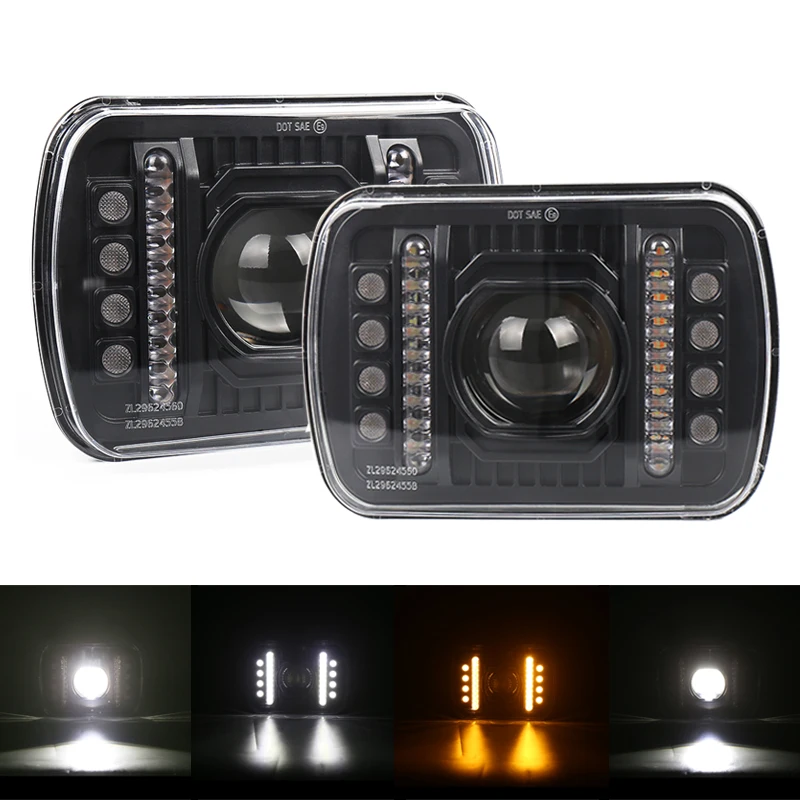 2 pcs Car LED Driving Running Light Turn Signal 5X7 Inch Projector Headlight Far and Near Light Daytime  for Jeep Cherokee XJ.