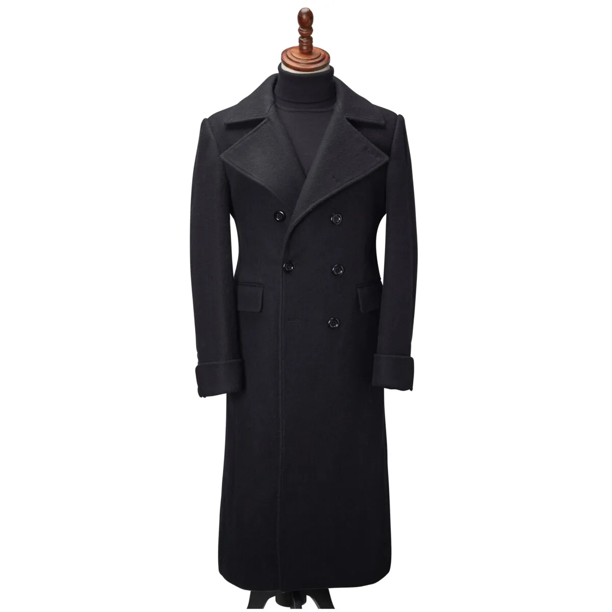 Black Thick Greatcoat Wool Men Suits Peaked Lapel Outfit Custom Made One Piece Long Overcoat High Quality Jacket