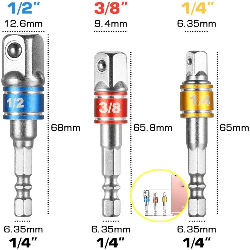 3pcs broca soquete adaptador conversor para motorista de impacto com hex haste para soquete quadrado broca bits barra extensão conjunto 1/2 3/8 1/4