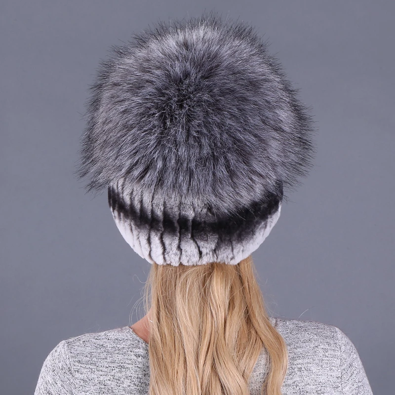 Winter Genuine Rex Rabbit Fur Hats Rex Rabbit Fur Beanies Striped Head Top Faux Fox Fur Warming Knit Fashion Caps