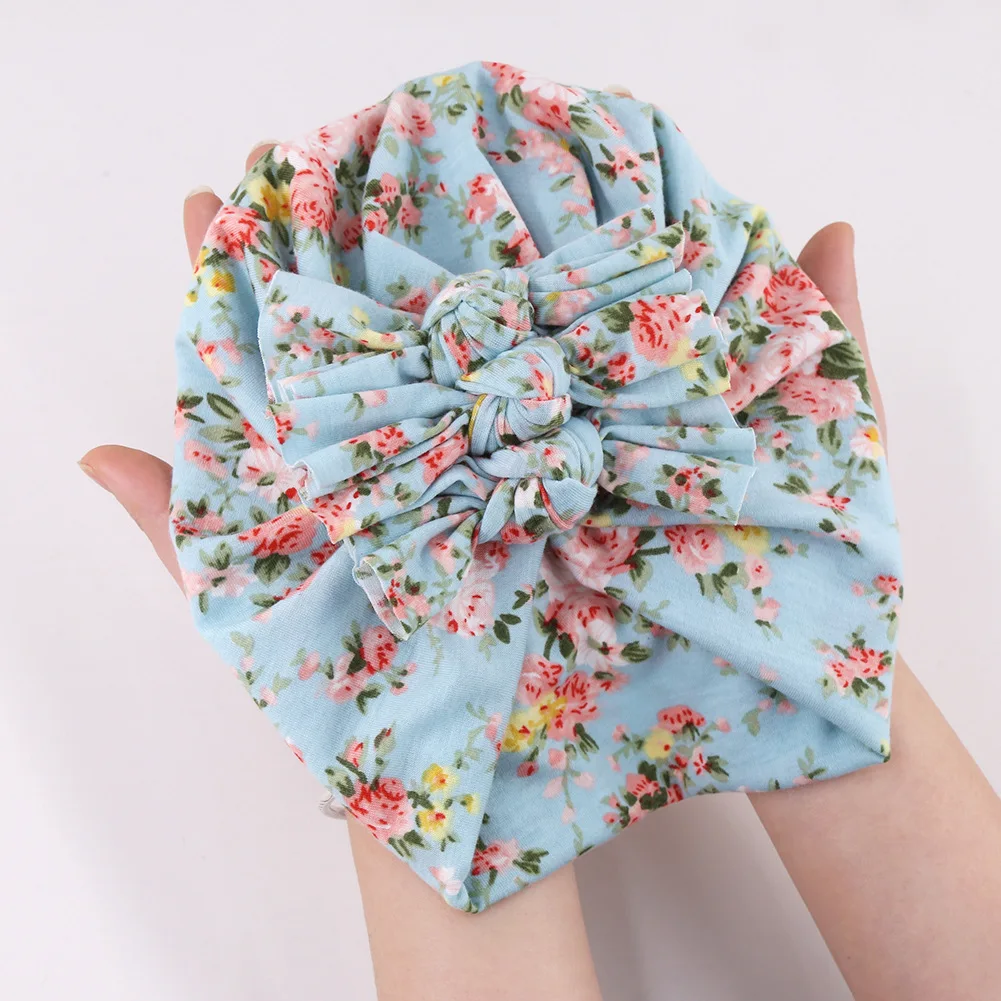 

20 Pcs/Lot, Floral Printed Knot bow Turban Hat, Cotton Fabric Bowknot Beanie Head Wrap, Baby Shower Gift