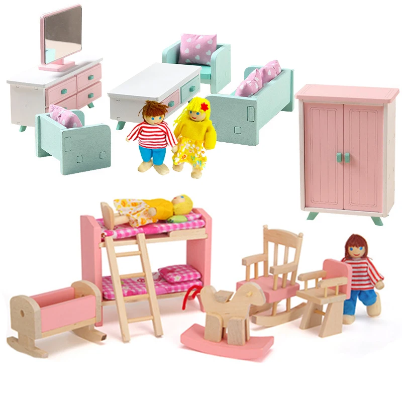 Kids Miniature DollHouses Furniture Play House Toys Wooden Bedroom Living Room Dining Accessories Puzzles Wooden Toys For Girls