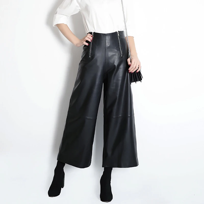 

Women's Mid Waist Sheepskin Ankle Length Pants, Genuine Wide Leg Pants, Flare Trousers, Spring and Autumn